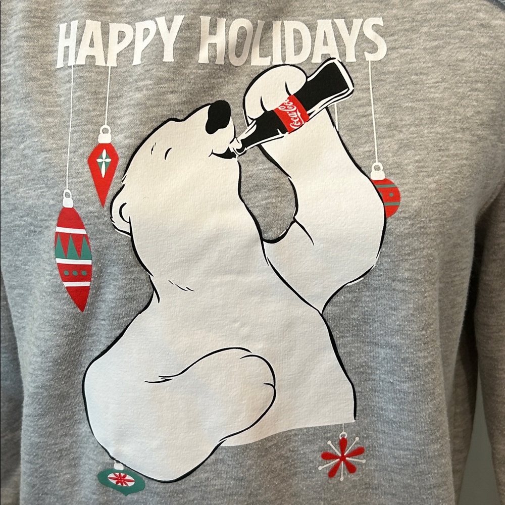 VTG Coca-Cola Sweatshirt Polar Bear Hoodie Mens Gray Christmas Happy Holidays - Picture 2 of 12